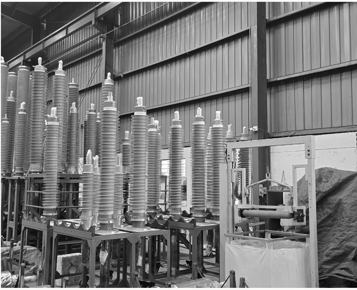 High-voltage bushings on the assembly floor of the Indian venture