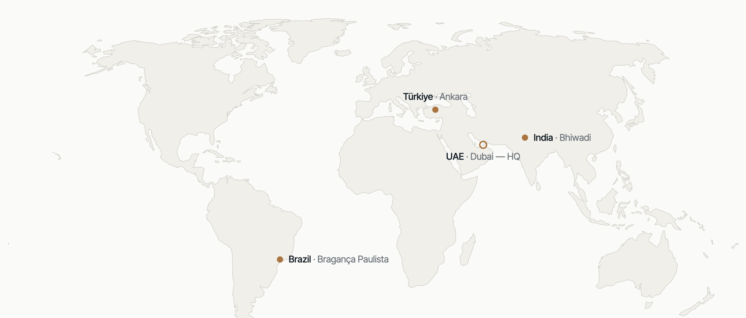 World map showing the head office in the United Arab Emirates and manufacturing ventures in India, Türkiye and Brazil